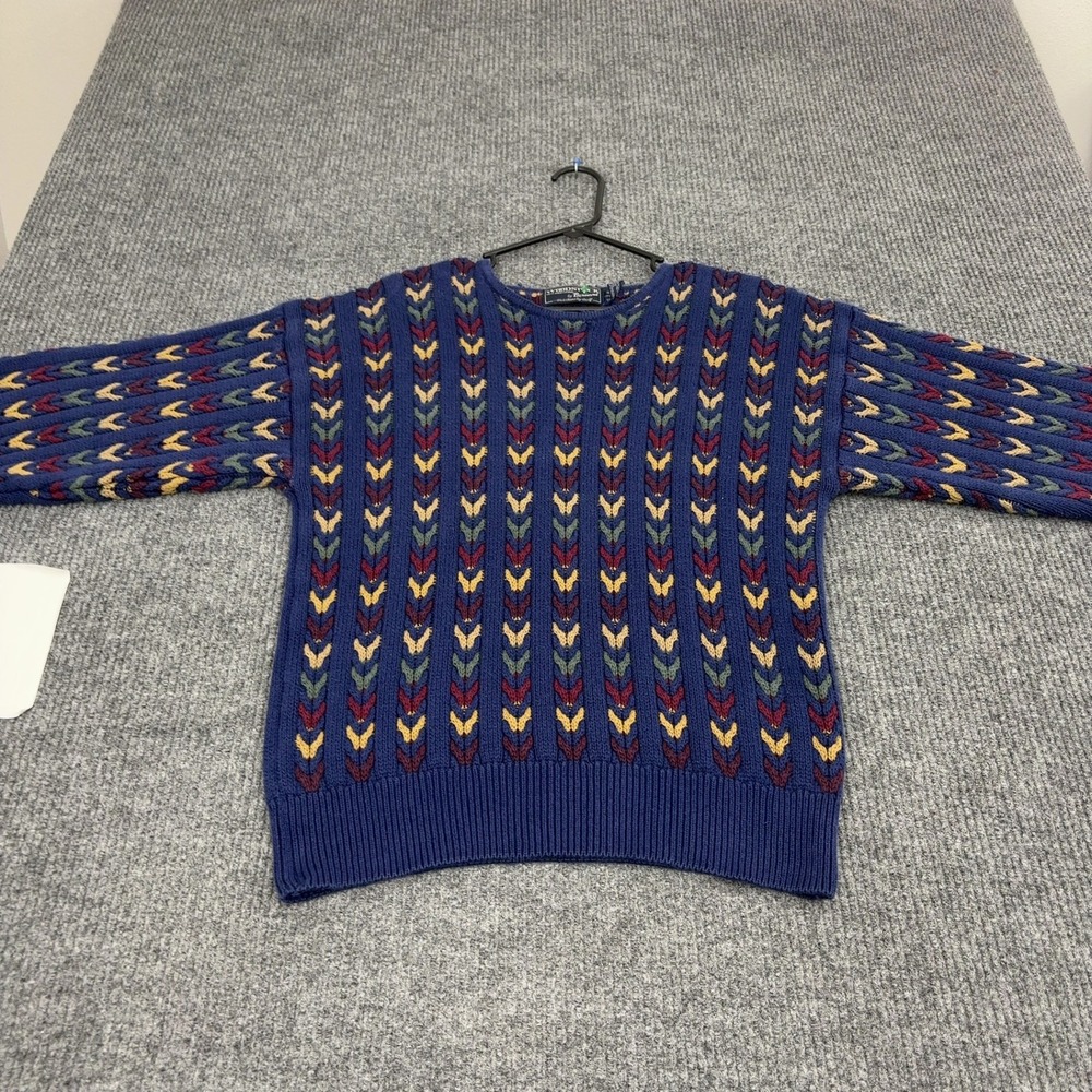 Vintage Woodstock International Sweater Mens M Blue Cotton Patterned Retro Boho